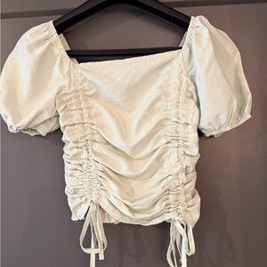 Ruched Puff Sleeve Square Neck Top - Light Mint size Small